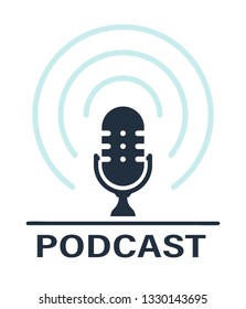 Podcast Icon Logo Design Element. Studio table microphone with broadcast text podcast