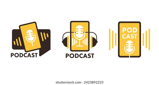 Podcast icon, logo. Studio table microphone with broadcast. Radio show. Audio blog. Vector illustration