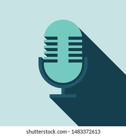 Podcast icon with long shadow isolated on blue background. Talking microphone symbol. Radio sign concept. Vector illustration in flat design.