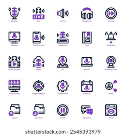 Podcast icon pack for your website, mobile, presentation, and logo design. Podcast icon dual tone design. Vector graphics illustration and editable stroke.
