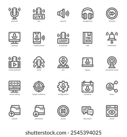 Paquete de iconos de podcast para su Sitio web, móvil, presentación y diseño de logotipo. Diseño de contorno de icono de podcast. Ilustración gráfica de Vector y trazo editable.