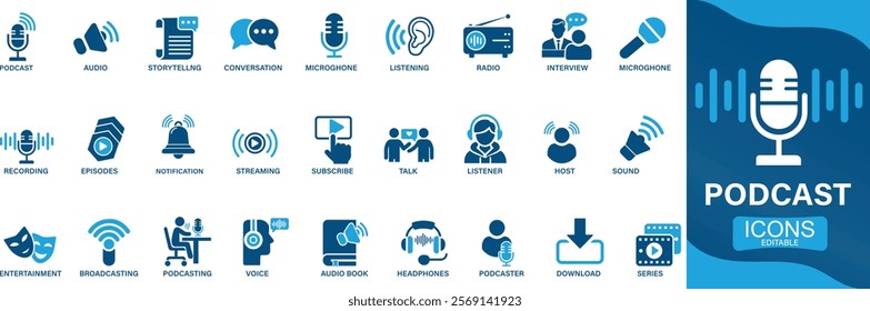 Podcast icon set. audio, microphone, record, podcasting, broadcasting You can easily change the color