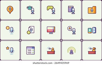Podcast Icon Set: Gravação de áudio, mídia, comunicação, transmissão e educação
