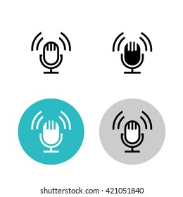 Podcast Icon Set. Black Studio Table Microphone With Sound Broadcast Waves Symbols. Webcast Audio Record Concept Logo.