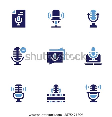 Podcast icon set. Bold style. Duotone colors. podcast, transcription, microphone, minus, chat, cinematographic.