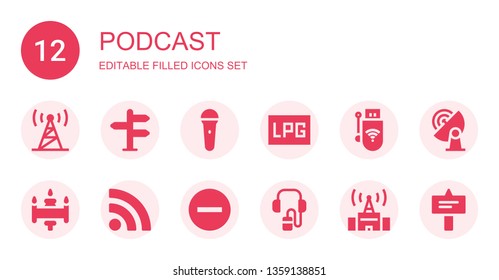 podcast icon set. Collection of 12 filled podcast icons included Signal, Mic, Signaling, Wireless, Rss, Audio guide