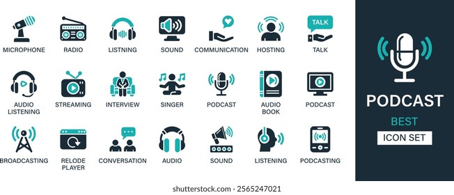 Podcast icon set collection. Microphone, radio, listening, sound, communication, hosting, talk, audio, streaming, interview, singer and best solid icon set.