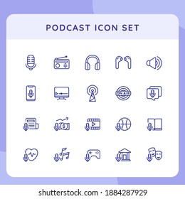 podcast icon set collection package microphone radio headphone speaker studio news healthy sport game education theme white isolated background with outline style
