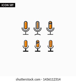 Podcast icon set. Colored studio table microphone with sound broadcast waves symbols. Webcast audio record concept logo, mic, mic icons, mic app