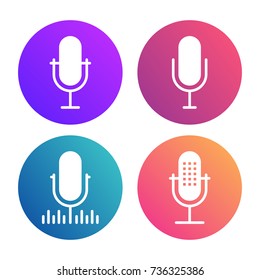 Podcast icon set. Colored studio table microphone with sound broadcast waves symbols. Webcast audio record concept logo.