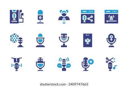 Podcast icon set. Duotone color. Vector illustration. Containing podcast, audio, football, microphone, record, lick, scissors, conversation.