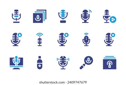Podcast icon set. Duotone color. Vector illustration. Containing library, microphone, play button, mic, voice control, download, remove, follow, search, chapter.