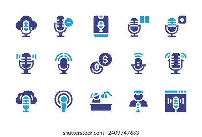 Podcast icon set. Duotone color. Vector illustration. Containing micro, podcast, microphone, cloud, website, pause, recording, smartphone.