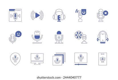 Podcast icon set. Duotone style line stroke and bold. Vector illustration. Containing play, podcast, audio, football, placeholder, microphone, library.