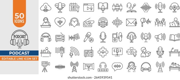 Podcast Icon Set – Editable Line Vector Icons for Microphone, Radio, Webcast, Audio, Video, News, Broadcasting, Studio, Audiobooks and More. Editable Stroke. Vector illustration