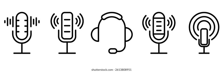 Podcast icon set featuring modern flat line vector symbols including microphone, headphones, audio waves, recording, streaming, and digital media elements for web interfaces and social media design