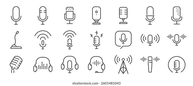 Podcast icon set. It includes radio, streaming, live, music, and more icons. Editable Vector Stroke.