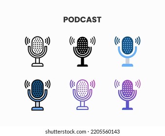 Podcast Icon Set mit Linie, Umriss, Glyph, Fülllinie, flache Farbe, Linien Farbverlauf und flachen Farbverlauf. Kann für digitale Produkte, Präsentationen, Print-Design und mehr verwendet werden.