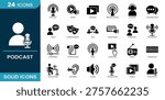 Podcast icon set. Microphone, audio, episodes, broadcasting, listener, conversation, interview, streaming, radio, subscribe and more. Solid vector icons collection.