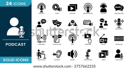 Podcast icon set. Microphone, audio, episodes, broadcasting, listener, conversation, interview, streaming, radio, subscribe and more. Solid vector icons collection.