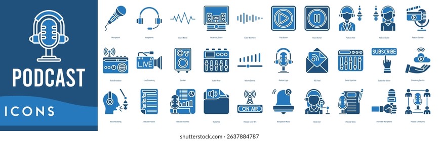 Podcast Icon set. Microphone, Headphones, Sound Waves, Recording Studio, Audio Waveform and Play Button