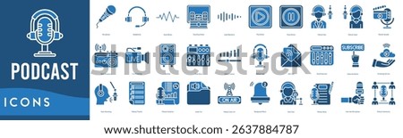 Podcast Icon set. Microphone, Headphones, Sound Waves, Recording Studio, Audio Waveform and Play Button