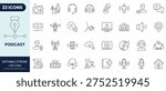 Podcast icon set in outline style. Modern icon collection. Editable stroke. Vector illustration.	