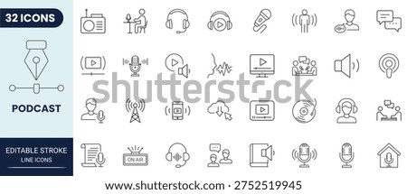 Podcast icon set in outline style. Modern icon collection. Editable stroke. Vector illustration.	
