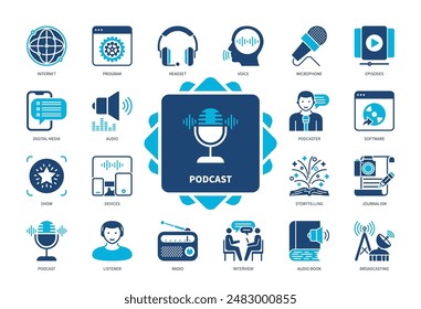 Podcast icon set. Podcaster, Radio, Listener, Digital Media, Journalism, Broadcasting, Audio Book, Headset, Interview. Duotone color solid icons