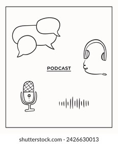 Podcast Icon Set Social Media Grafik Piktogramme Icons Einfache Line Art Vektor Vektorgrafiken Unterhaltung Aufnahme Audio Video Musik Symbol Illustrationen Logo Konversation Studio Stimme anzeigen