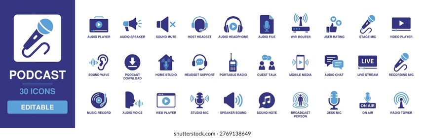 PODCAST icon set with solid glyph symbols of audio player, host headset, recording mic, sound wave, live stream, and radio tower for digital broadcast and media entertainment studio.