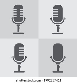 podcast icon set. The studio desk microphone is black with the sound broadcast wave symbol. Webcast audio recording concept logo.