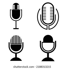 Podcast Icon Set. The Studio Desk Microphone Is Black With The Sound Broadcast Wave Symbol. Webcast Audio Recording Concept Logo.