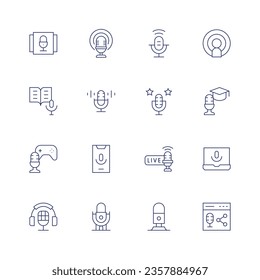 Podcast icon set. Thin line icon. Editable stroke. Containing playlist, podcast, live.