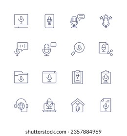Podcast icon set. Thin line icon. Editable stroke. Containing podcast, rating, search, share, script, studio, transcription.