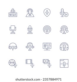 Juego de iconos de podcast. Icono de línea delgada. Trazo editable. Contiene noticias, lugares, marcador de posición, botón de reproducción, podcast.