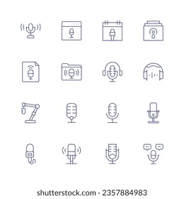 Juego de iconos de podcast. Icono de línea delgada. Trazo editable. Consta de radiodifusión, navegador, calendario, capítulo, archivo, carpeta, auriculares, micrófono, micrófono.
