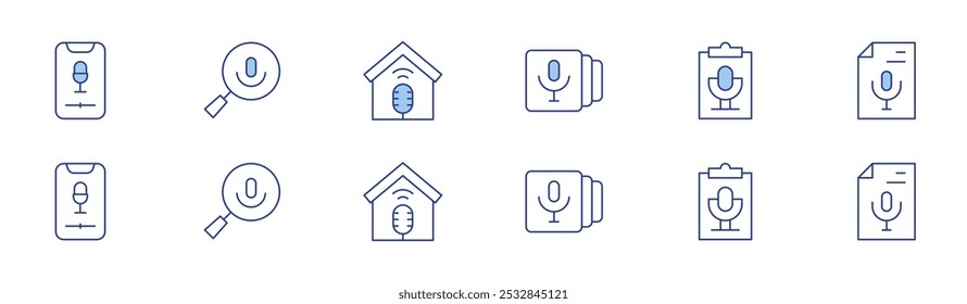 Podcast icon set in two styles, Duotone and Thin Line style. Editable stroke. smartphone, podcast, script, search, studio, transcription.