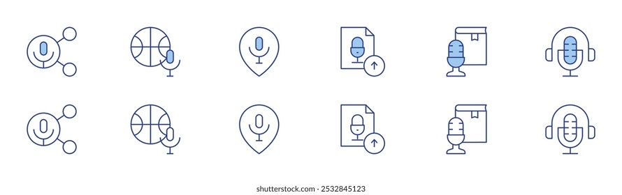 Podcast-Symbol in zwei Stilen, Duotone und Thin Line Stil. Bearbeitbarer Strich. teilen, hochladen, podcast, platzhalter, kopfhörer.