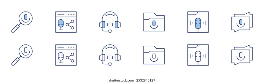 Podcast icon set in two styles, Duotone and Thin Line style. Editable stroke. search, podcast, chat, headphones.