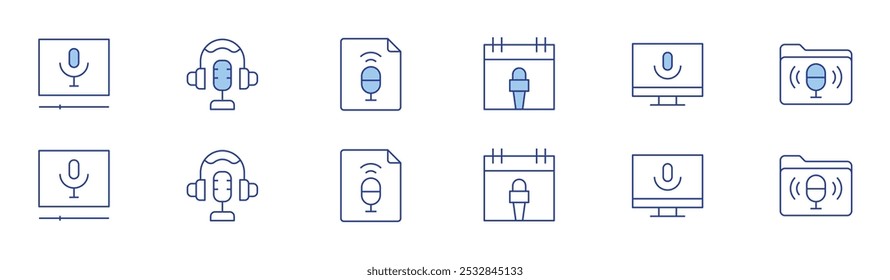 Podcast icon set in two styles, Duotone and Thin Line style. Editable stroke. podcast, calendar, file, folder.