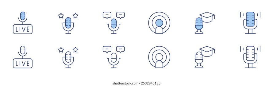 Podcast icon set in two styles, Duotone and Thin Line style. Editable stroke. live, podcast, microphone.