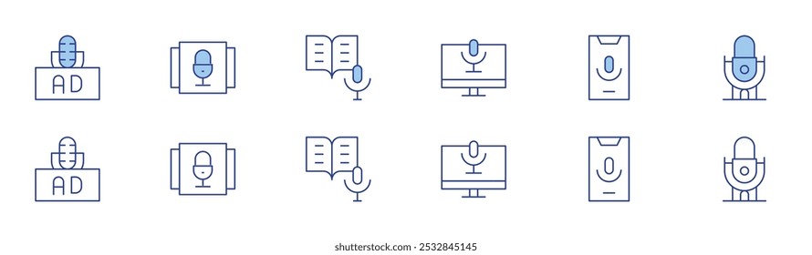 Podcast icon set in two styles, Duotone and Thin Line style. Editable stroke. ad, computer, playlist, podcast.