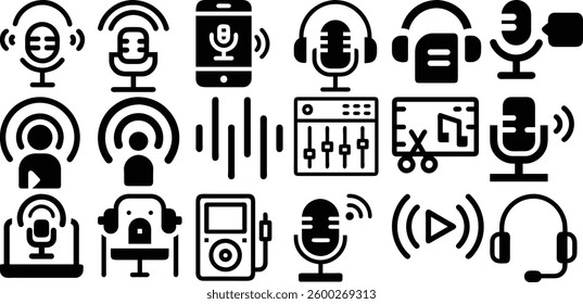 Podcast Icon Set - Vector Microphone, Audio, and Sound Symbols