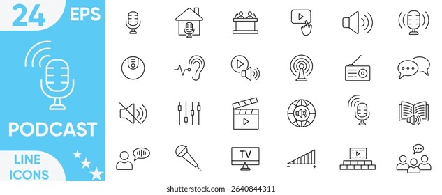 Podcast icon set.audio, microphone, record, podcasting, broadcasting, internet conference, chat, Interview and more.Vector and illustrator set.