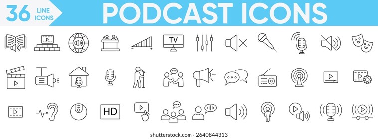 Podcast icon set.audio, microphone, record, podcasting, broadcasting, internet conference, chat, Interview and more.Vector and illustrator set.