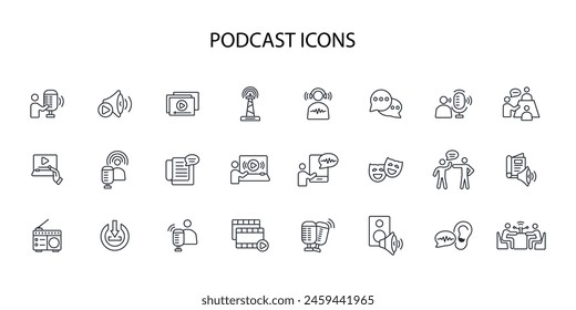Podcast icon set.vector.Editable stroke.linear style sign for use web design,logo.Symbol illustration.