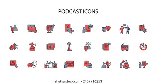 Podcast icono set.Vector.Editable stroke.linear estilo signo para el uso Diseño web,logo.Symbol ilustración.