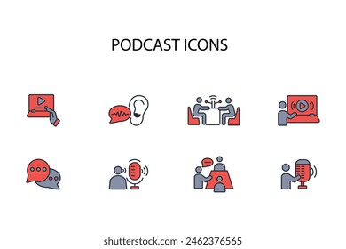 Podcast icono set.Vector.Editable stroke.linear estilo signo para el uso Diseño web,logo.Symbol ilustración.