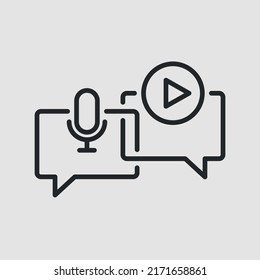Icono de podcast. El discurso se burbuja con un micrófono y un botón de reproducción para el diseño de medios sociales, web y aplicaciones. Ilustración del vector
